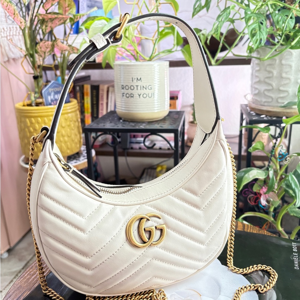 Gucci GG Marmont Chevron Crossbody Mini Half Moon Bag in Cream